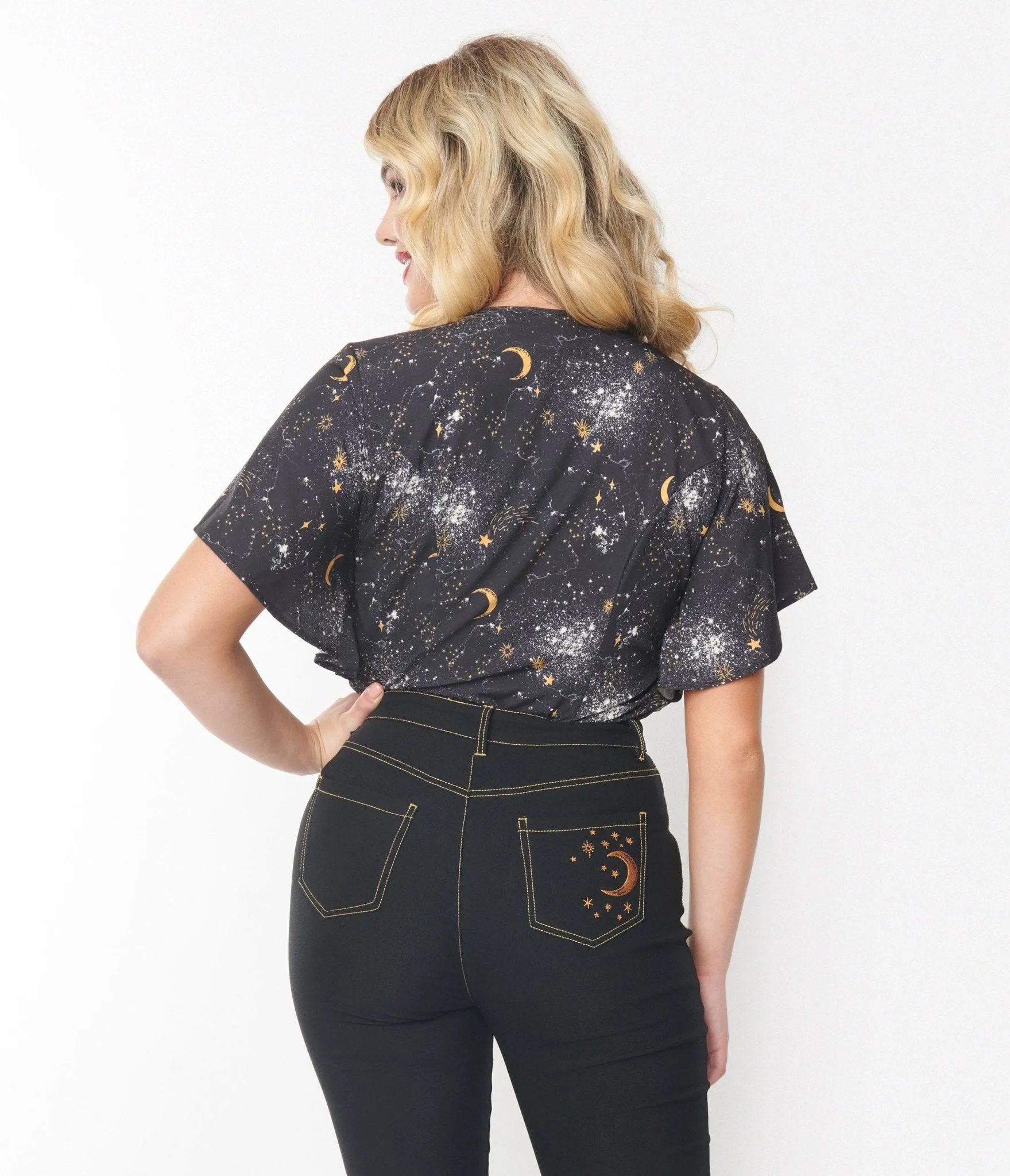 Unique Vintage 1940s Black Galaxy Print Cecilia Blouse