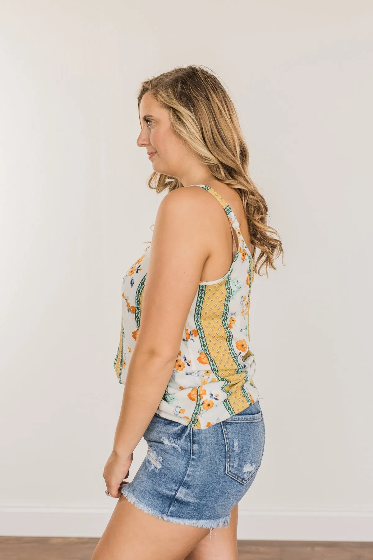 Until We Meet Again Printed Tank Top- Golden Yellow & Ivory