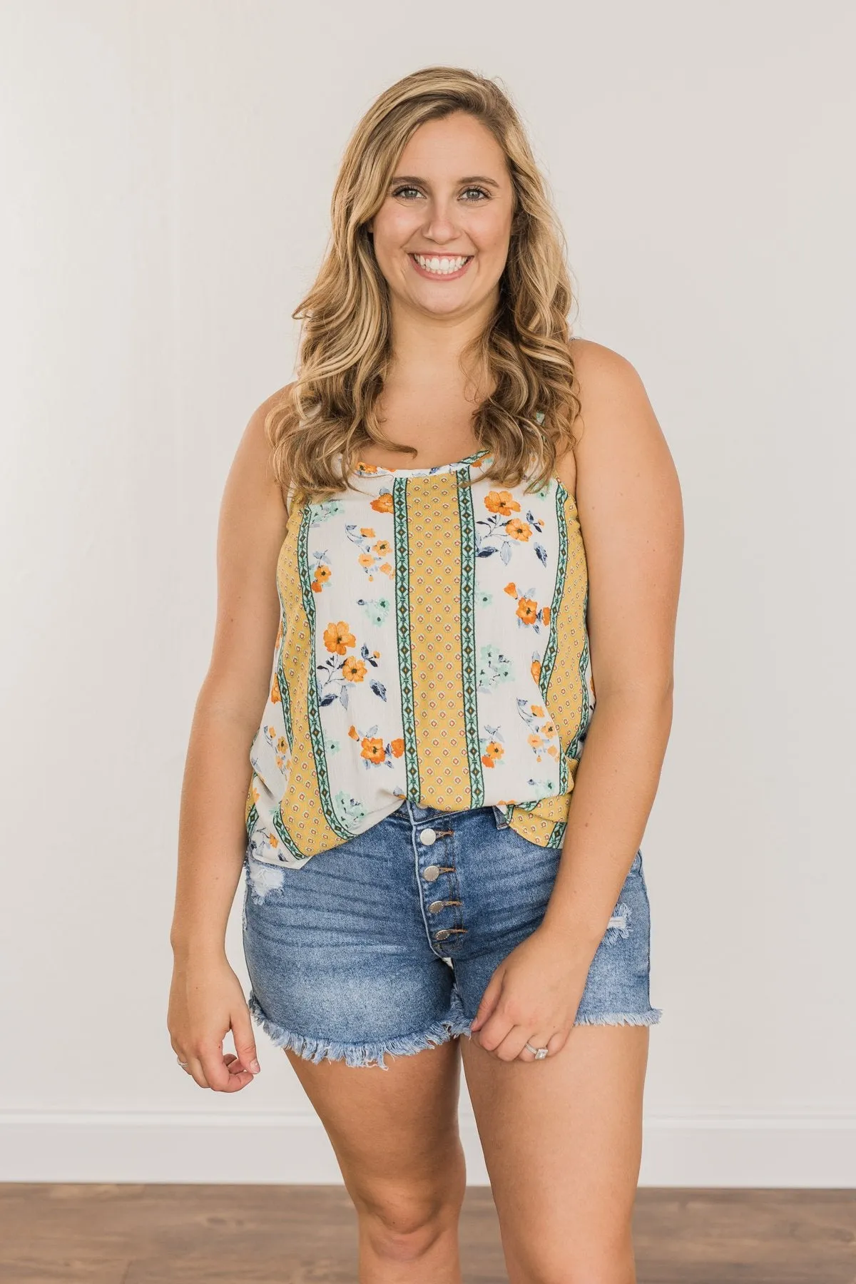 Until We Meet Again Printed Tank Top- Golden Yellow & Ivory