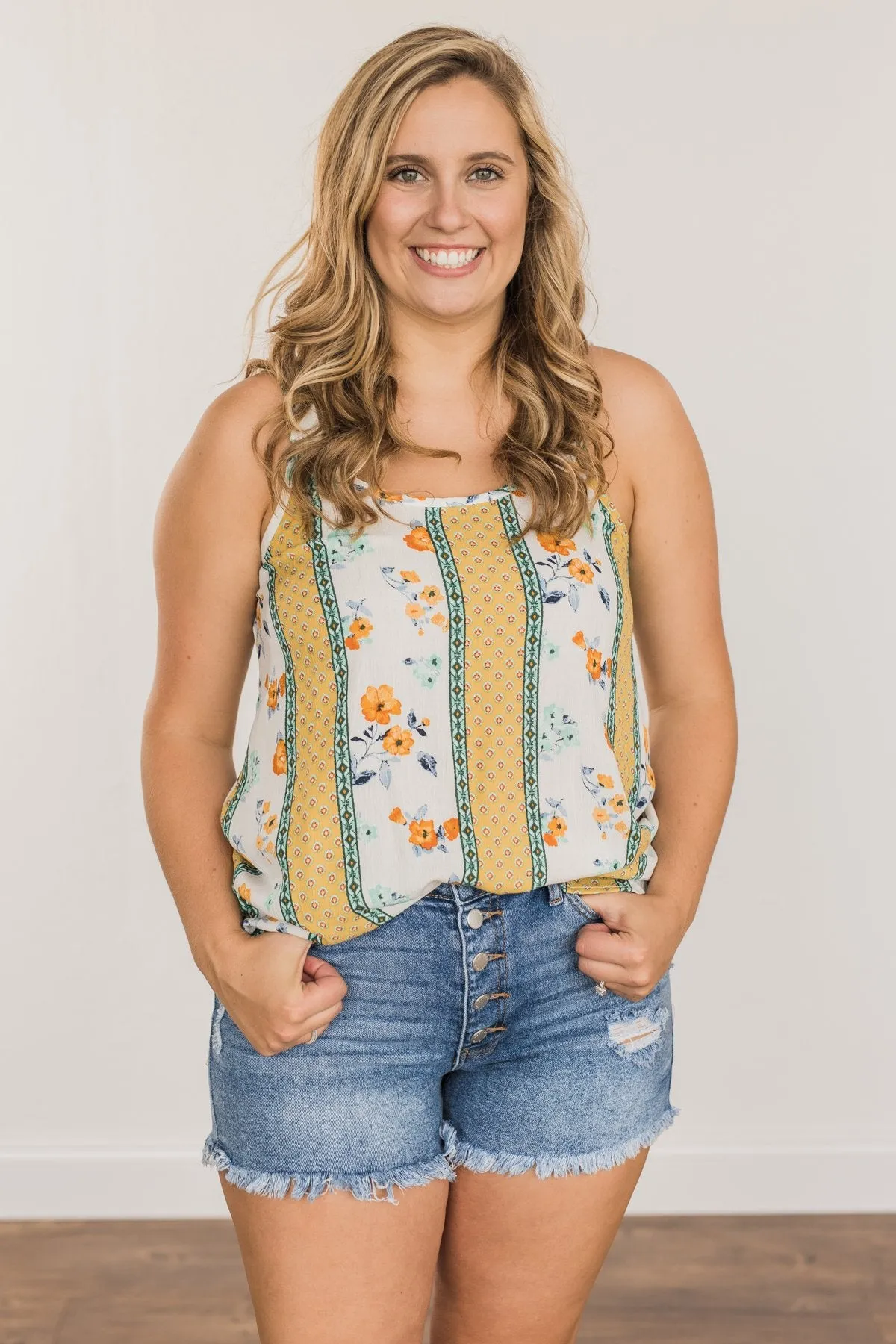 Until We Meet Again Printed Tank Top- Golden Yellow & Ivory