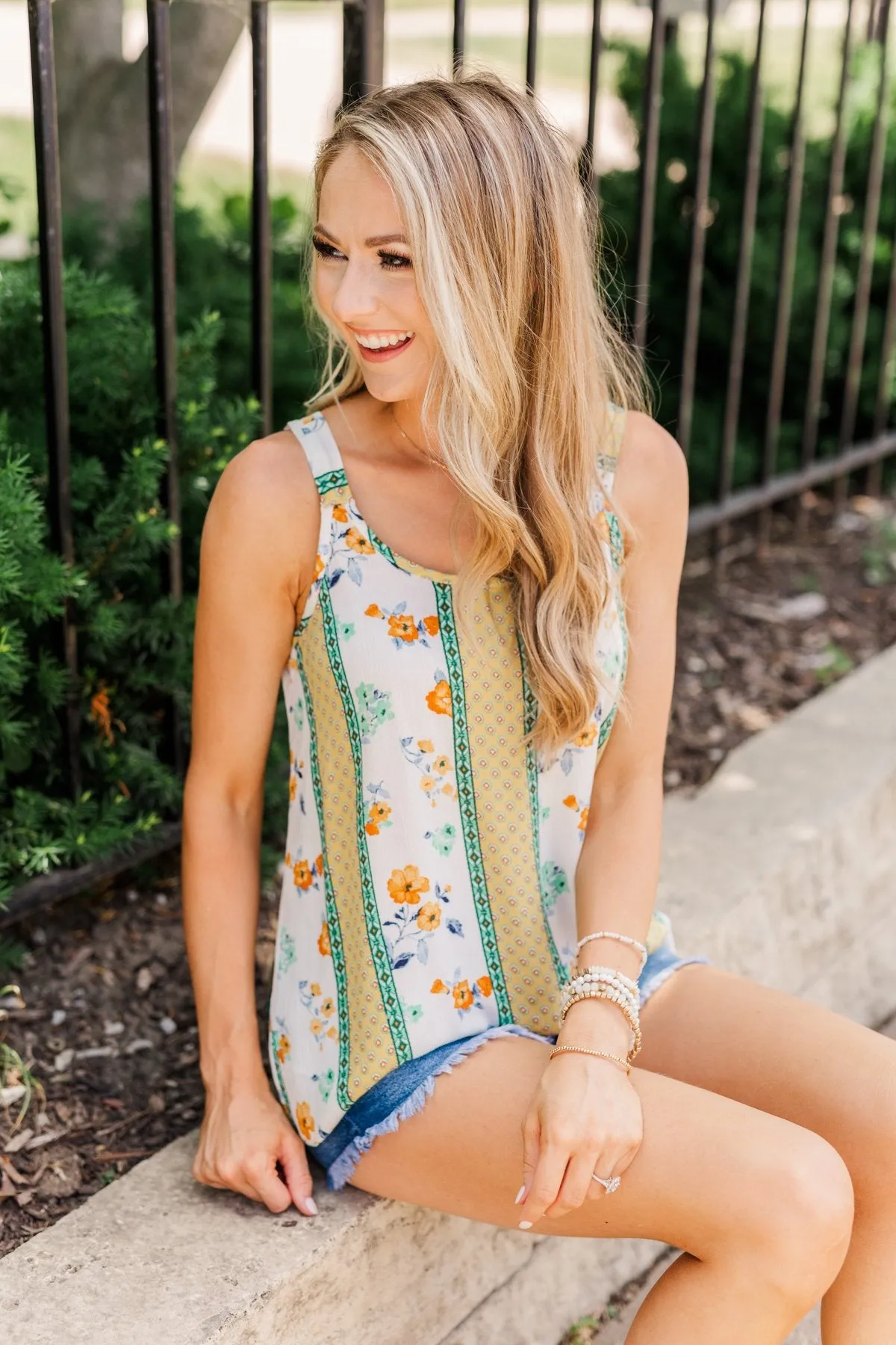 Until We Meet Again Printed Tank Top- Golden Yellow & Ivory