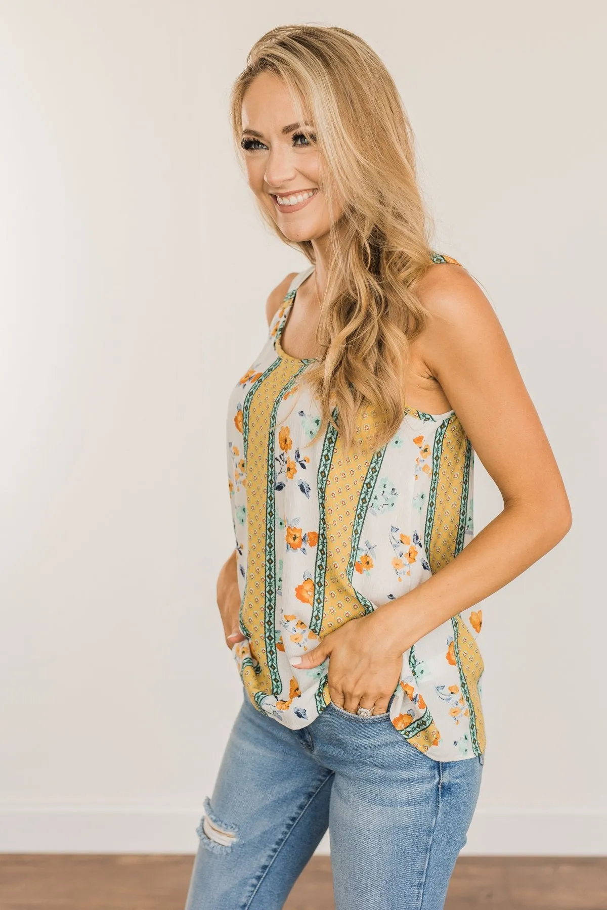 Until We Meet Again Printed Tank Top- Golden Yellow & Ivory