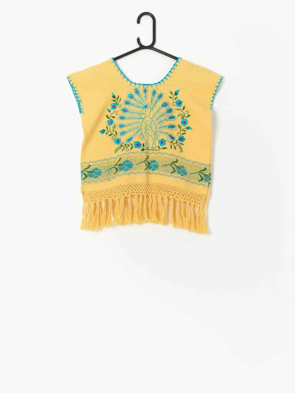 Vintage handmade yellow vest with embroidered peacock design – Small