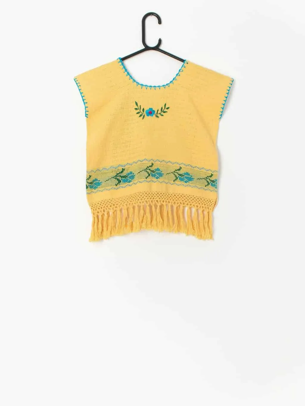 Vintage handmade yellow vest with embroidered peacock design – Small