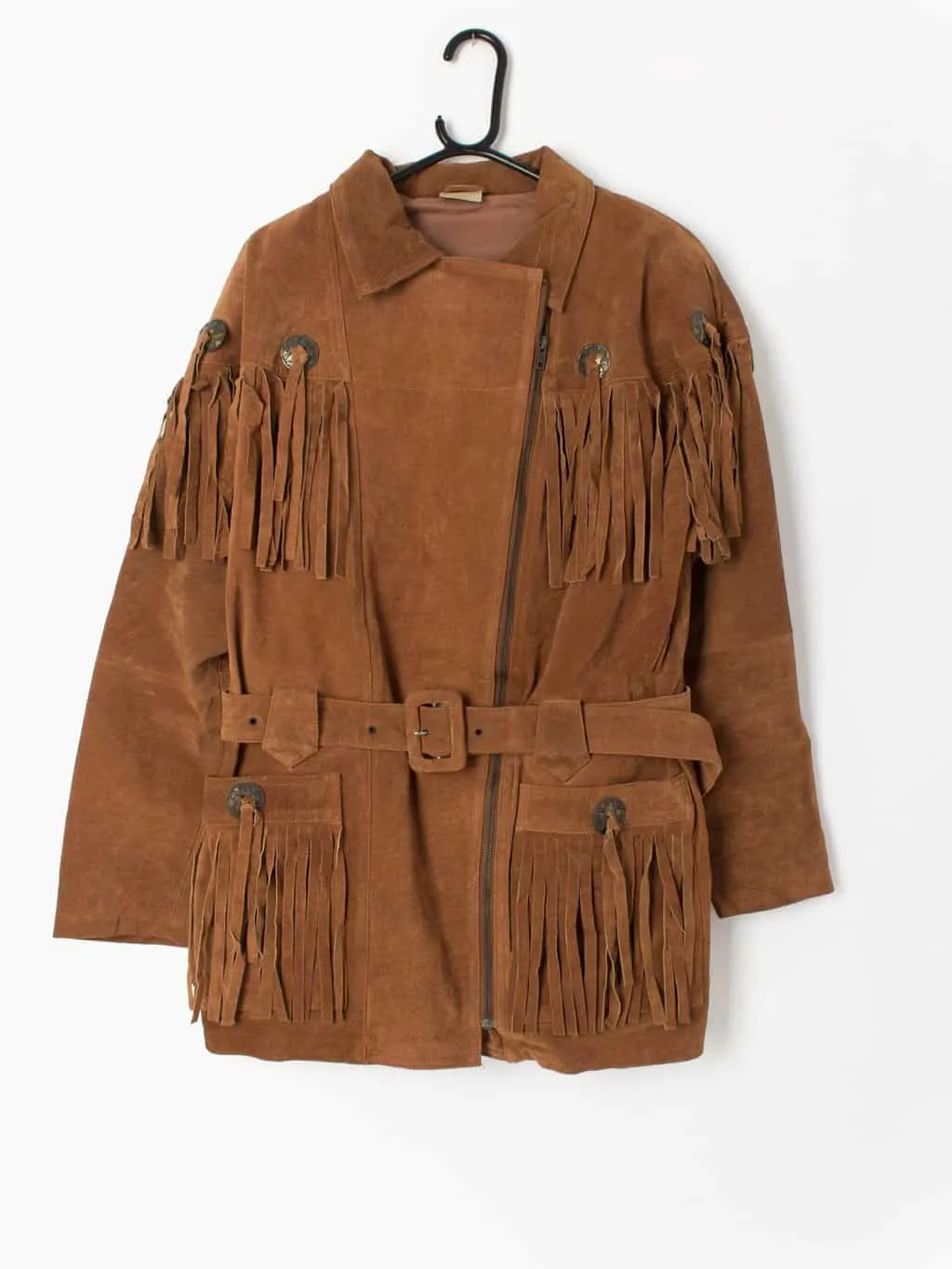 Vintage suede jacket tan brown with belt and fringe details 1980s Western inspired – Small