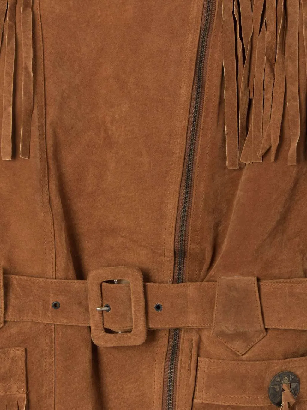 Vintage suede jacket tan brown with belt and fringe details 1980s Western inspired – Small