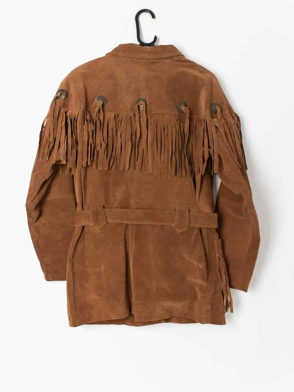 Vintage suede jacket tan brown with belt and fringe details 1980s Western inspired – Small