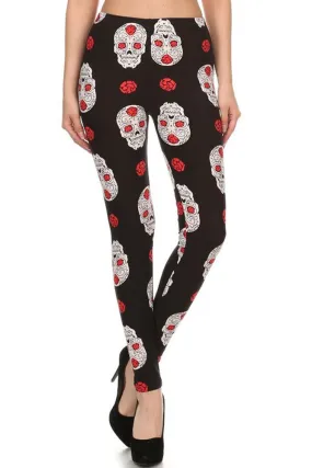 Women's 3 X 5X Skull Heads Rose Pattern Printed Leggings