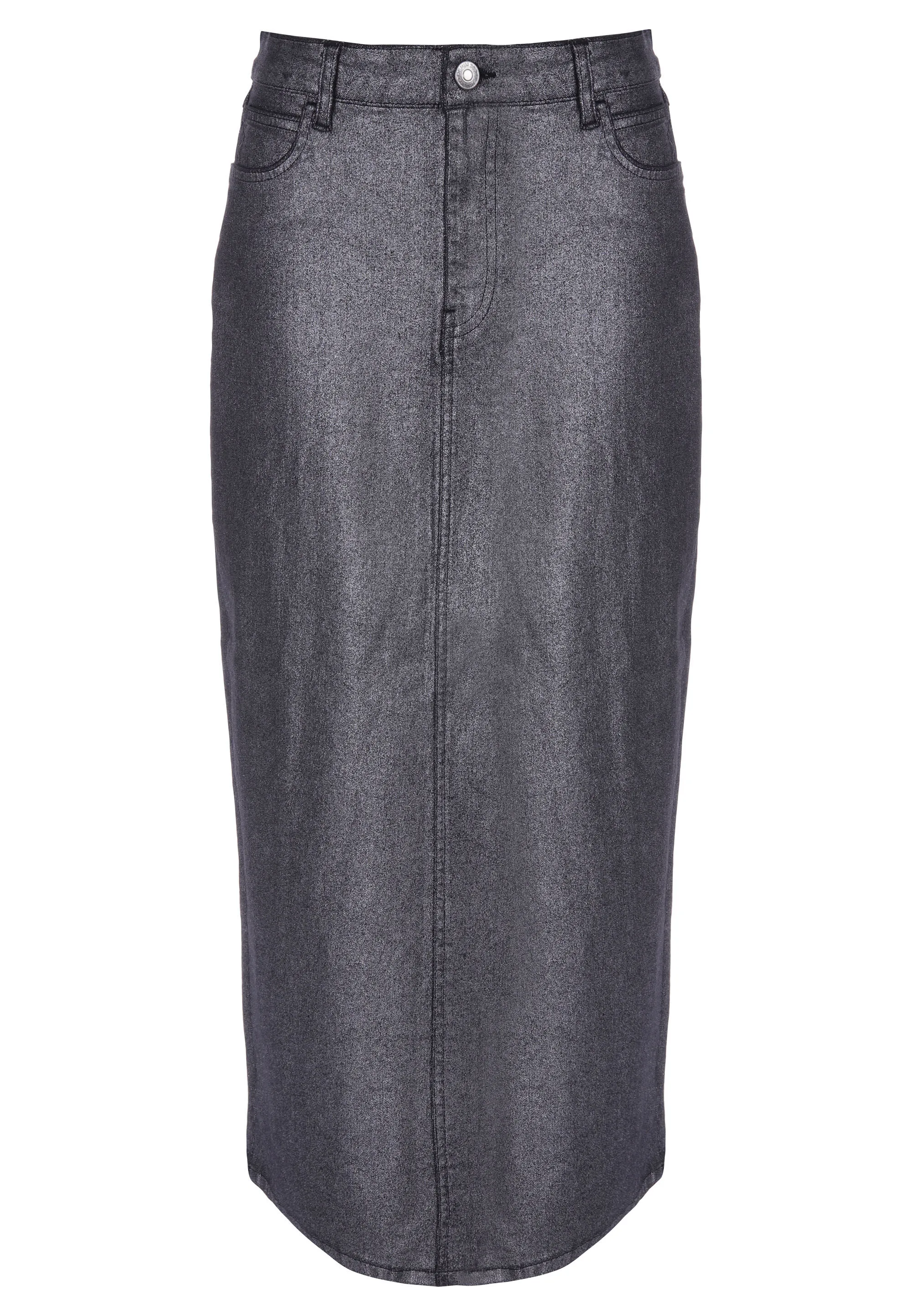 Womens Black Coated Denim Midi Skirt