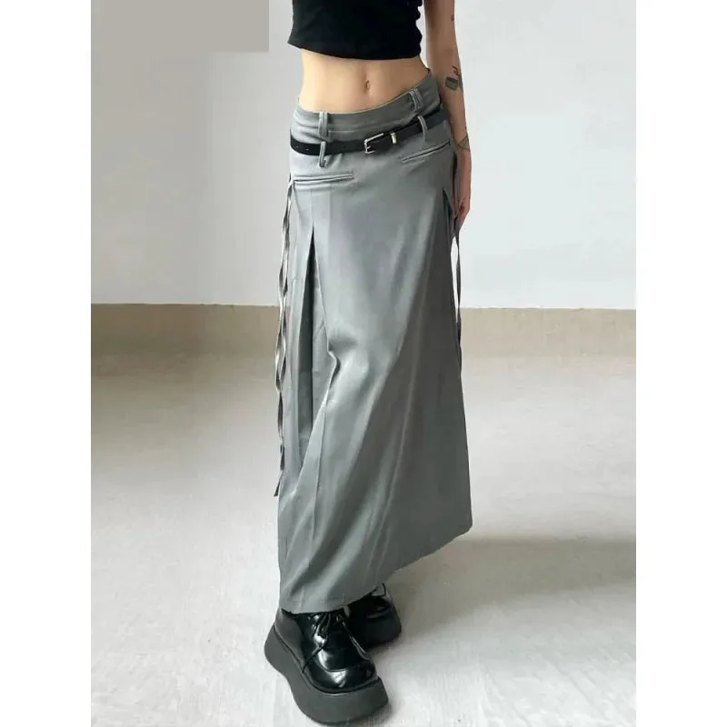 Women's Casual Safari Style Tassel Pockets Low Waisted A Line Maxi Skirt