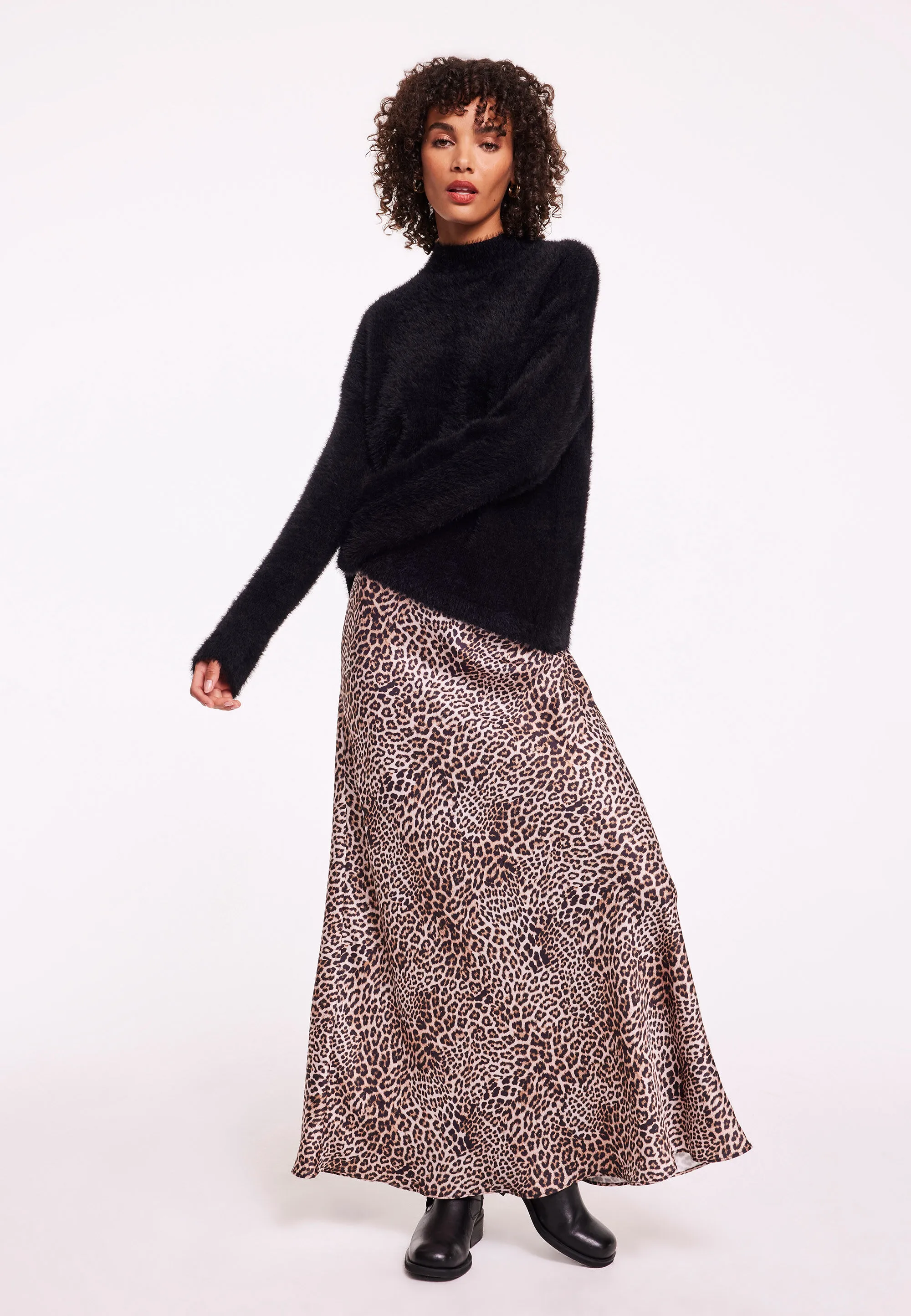 Womens Cream Leopard Midi Skirt