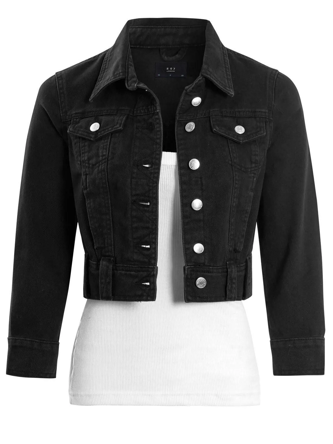 Womens Cropped Denim Jacket with 3/4 Sleeves, Black, UK Sizes 8 to 16