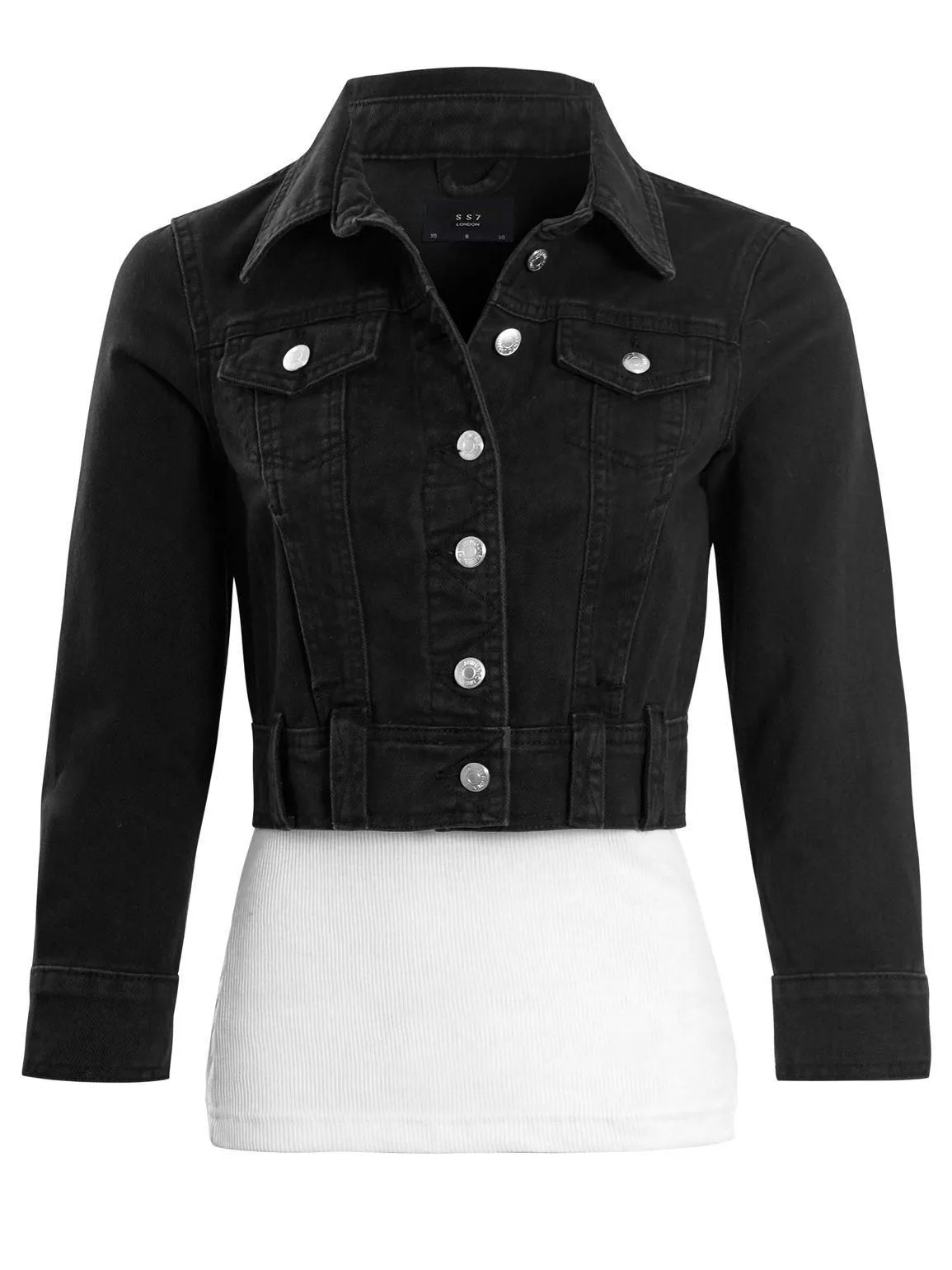 Womens Cropped Denim Jacket with 3/4 Sleeves, Black, UK Sizes 8 to 16