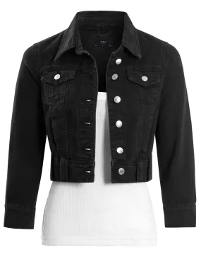 Womens Cropped Denim Jacket with 3/4 Sleeves, Black, UK Sizes 8 to 16