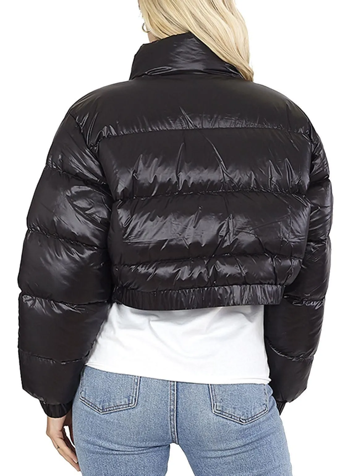 Womens Cropped Puffer Jacket, Black Shine, UK Sizes 8 to 16