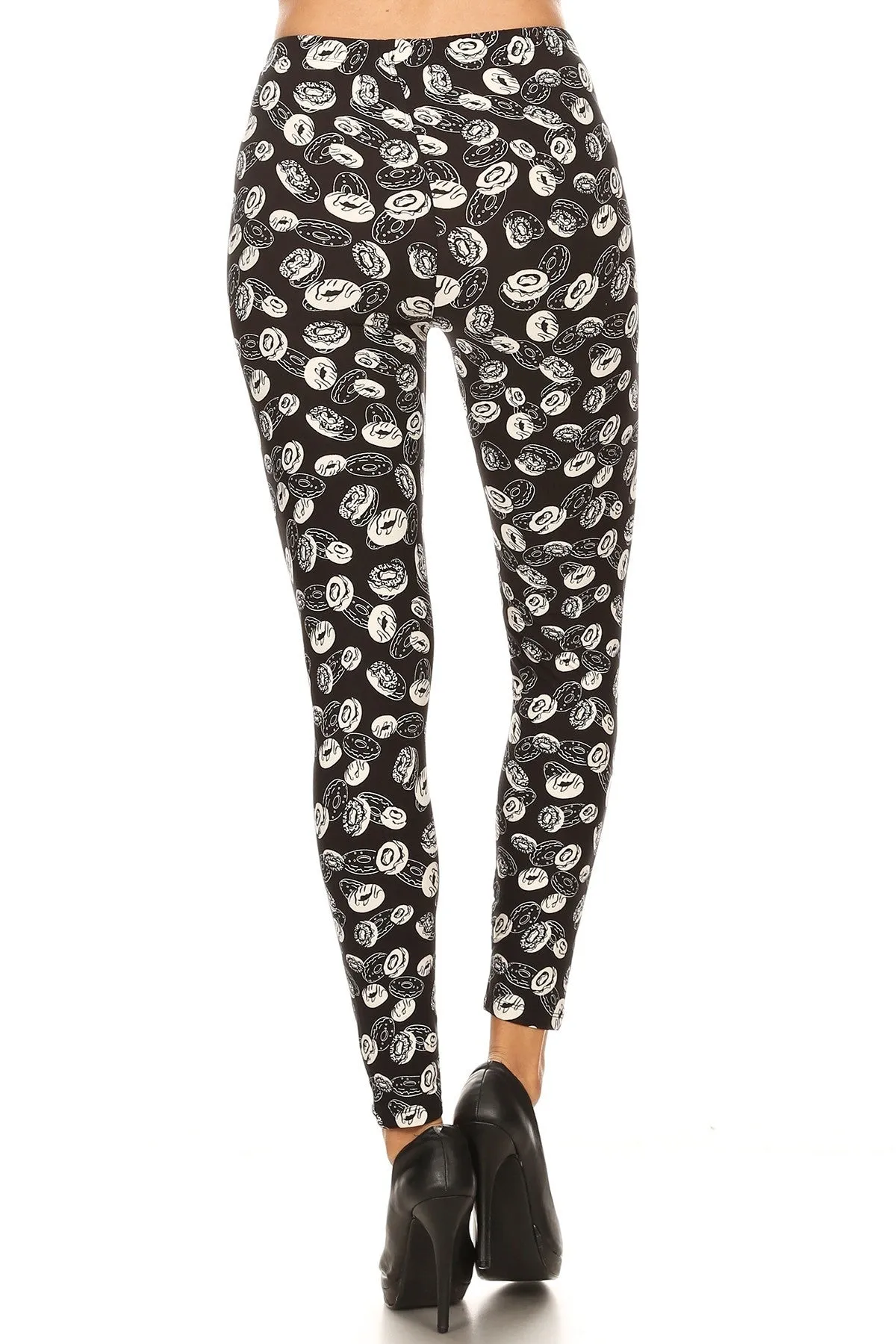 Women's Plus B&W Donuts Food Pattern Printed Leggings