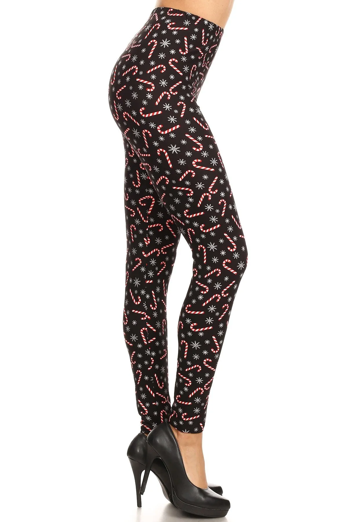 Women's Plus Candy Cane Snowflake Pattern Printed Leggings