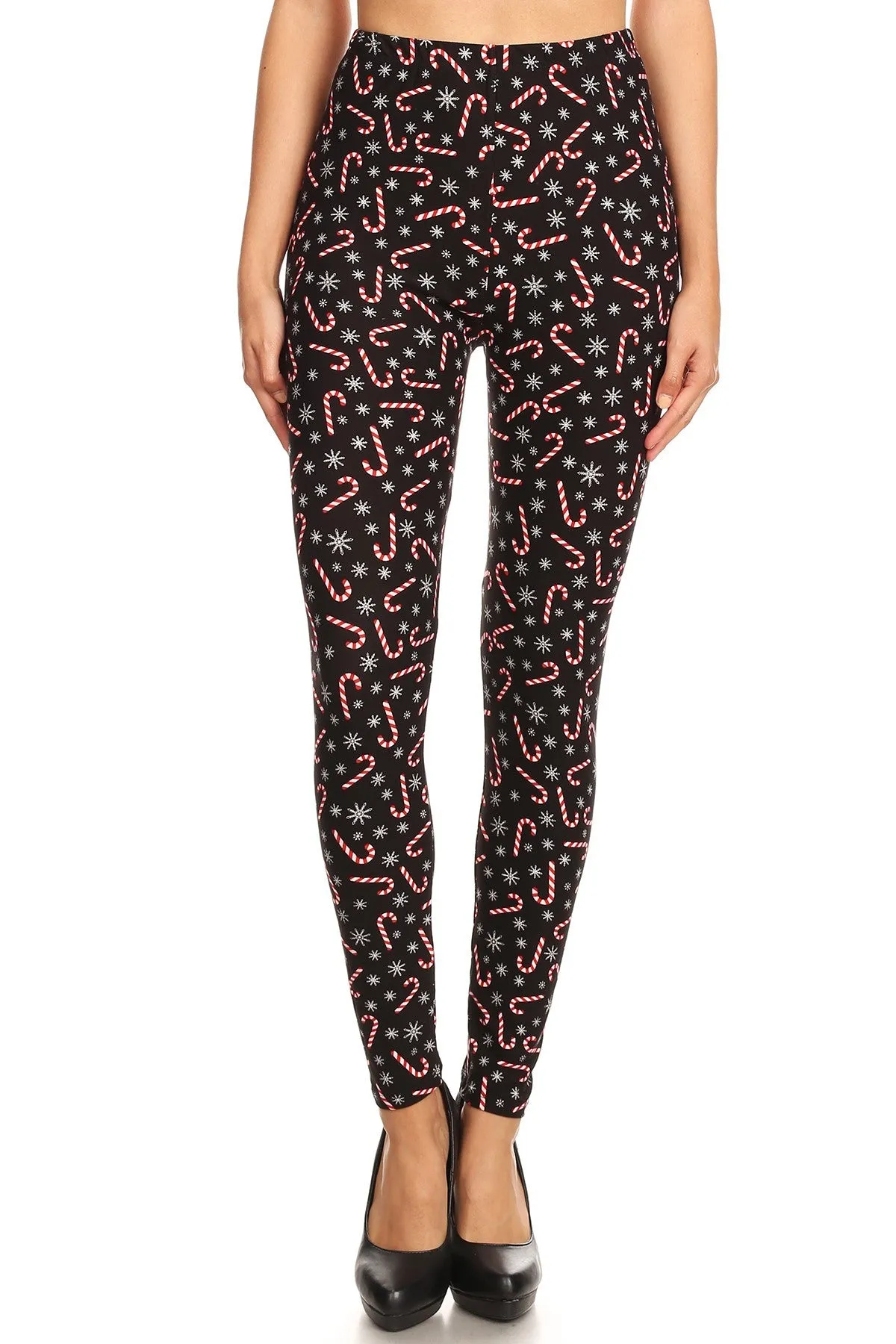 Women's Plus Candy Cane Snowflake Pattern Printed Leggings