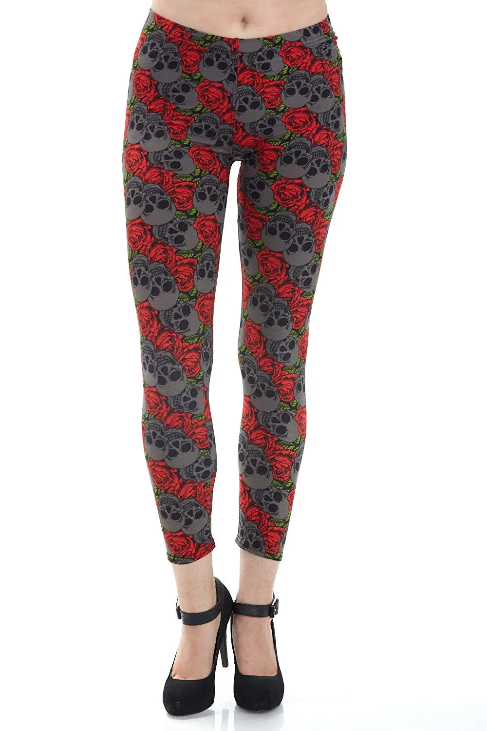 Women's Regular Grey Skull with Red Roses Leggings