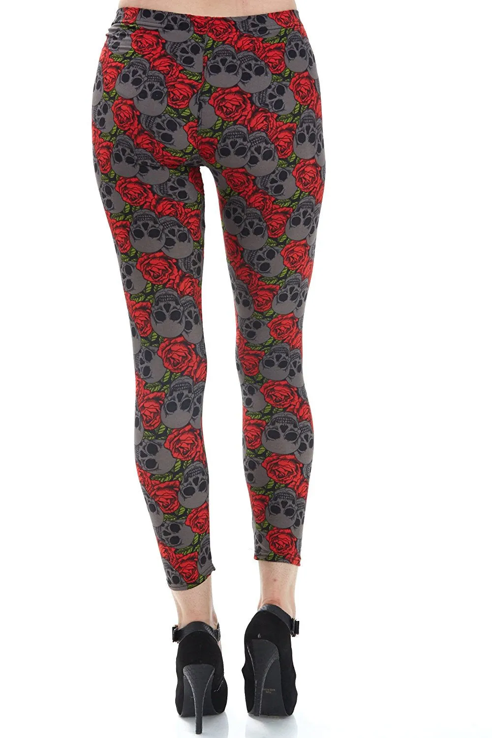 Women's Regular Grey Skull with Red Roses Leggings