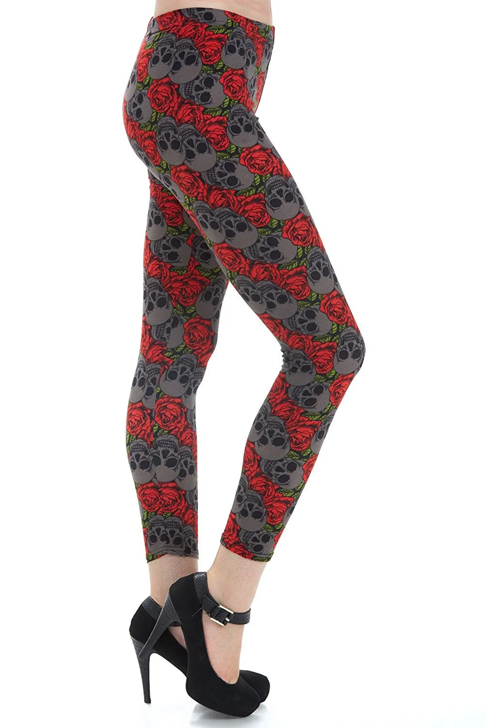 Women's Regular Grey Skull with Red Roses Leggings