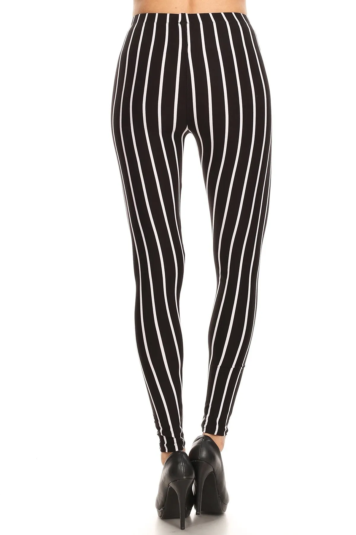 Women's Regular Vertical Thick Striped Pattern Print Leggings - Black White