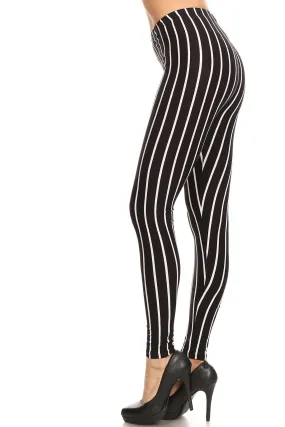 Women's Regular Vertical Thick Striped Pattern Print Leggings - Black White