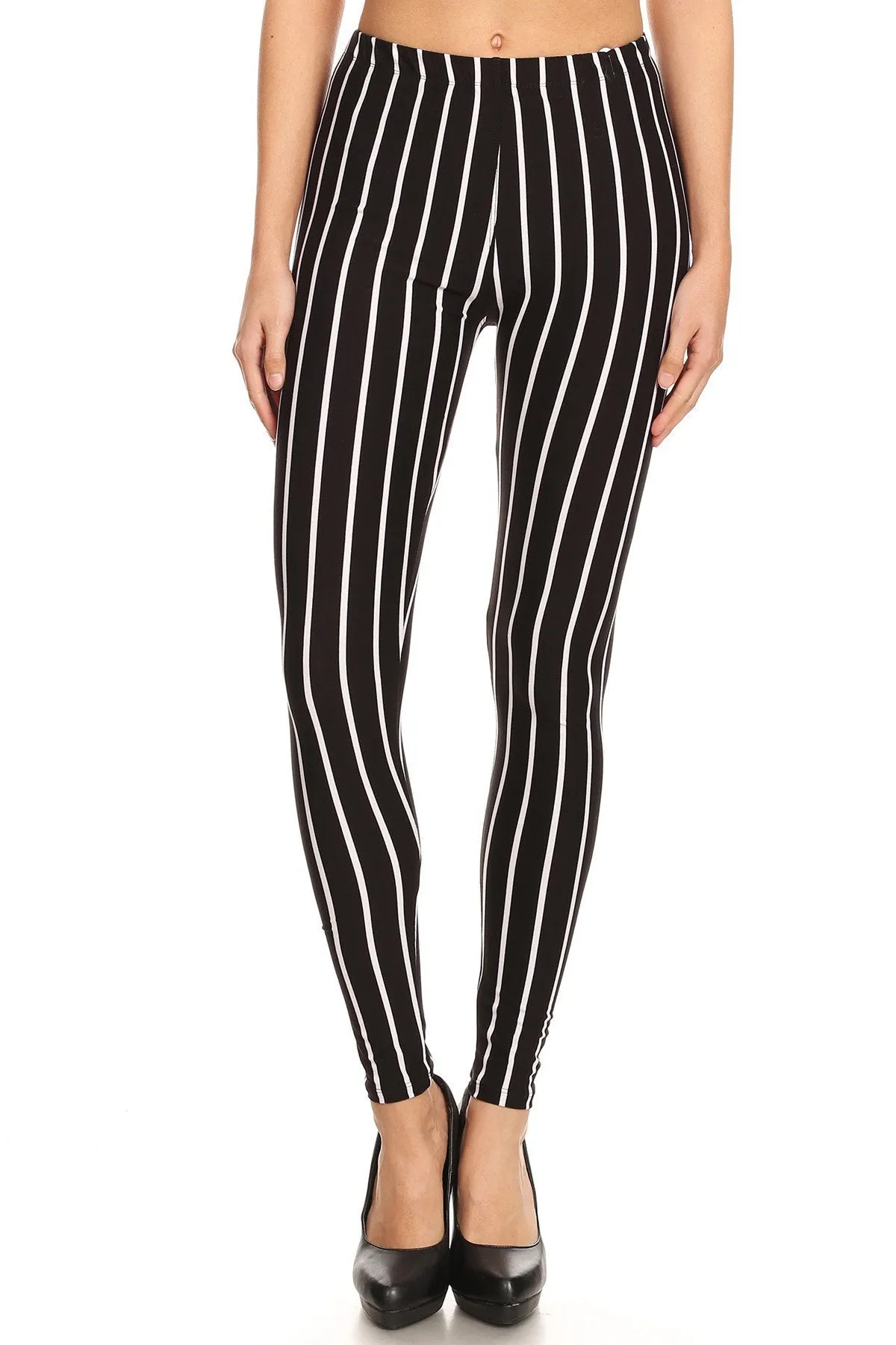 Women's Regular Vertical Thick Striped Pattern Print Leggings - Black White